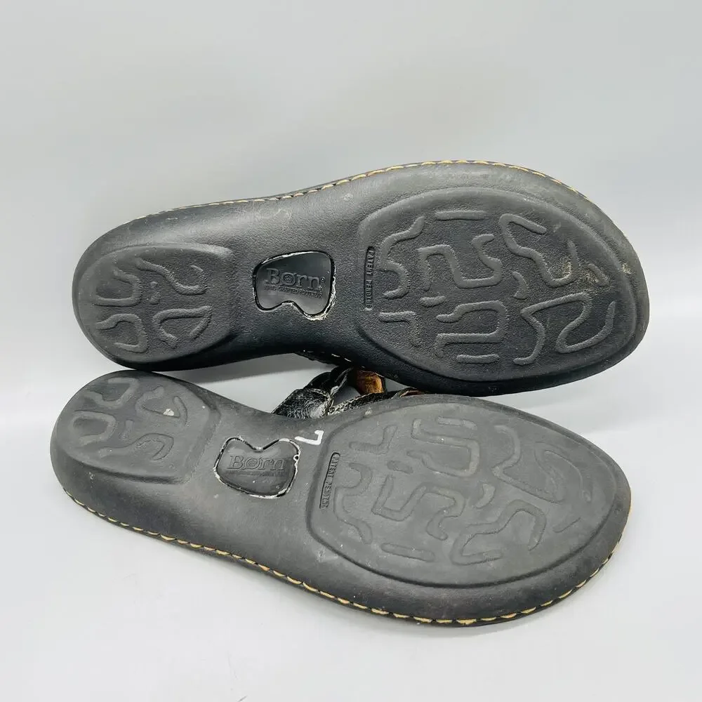 Born Sandals Womens 9 Black Leather Braided Strap Thong Slip On Comfort Shoes